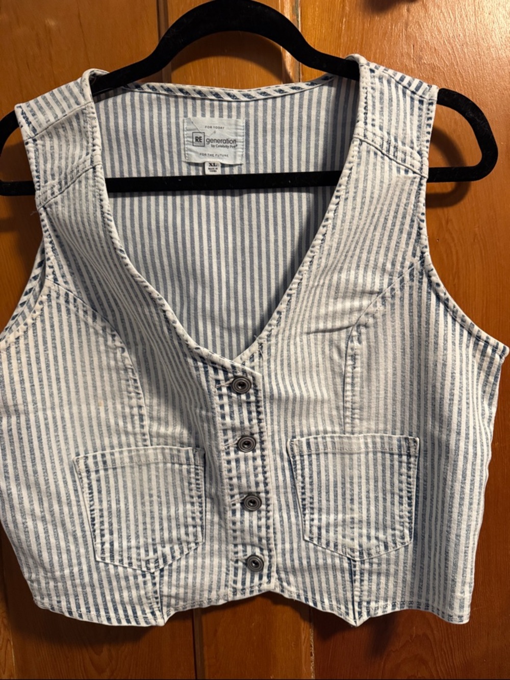 RE/Generation Striped Button-Front Crop Vest in Blue and White